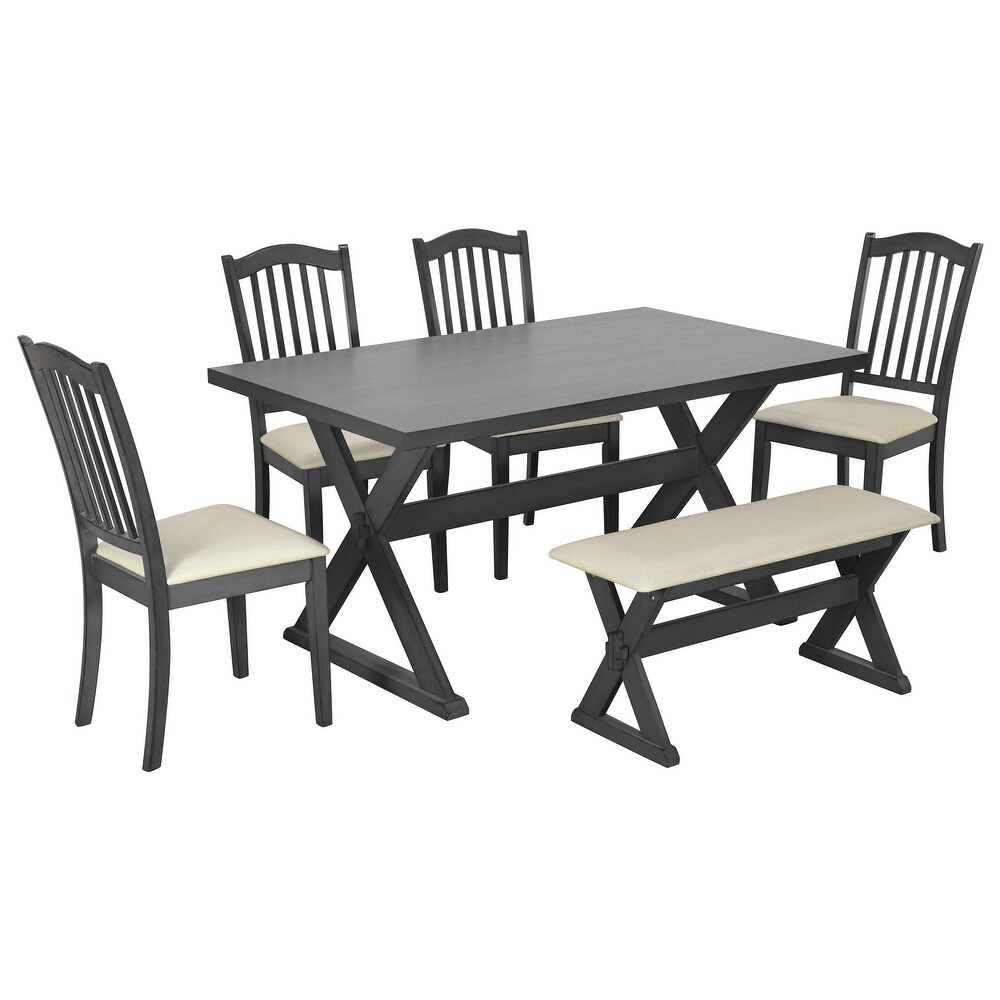 Rectangular 6 Piece Wood Dining Table Set 6 Person Dining Set with X Cross Legs and Bench Seating for Dining Room