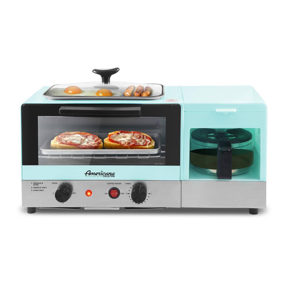 Americana Retro Collection 3-in-1 Blue Breakfast Station 4-Slice Toaster Oven Coffee Maker and Griddle EBK8810BL