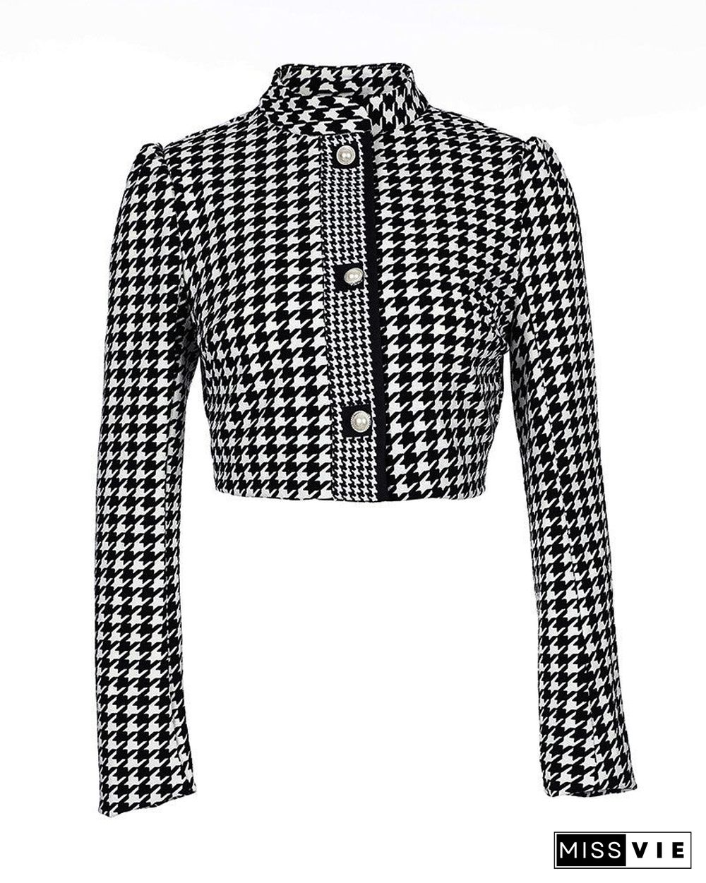 O Neck Hounds tooth Print Buttoned Jacket