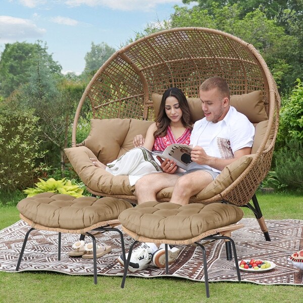 Nicesoul 2 Person Egg Chair with Ottoman Double Patio Outdoor Wicker Basket