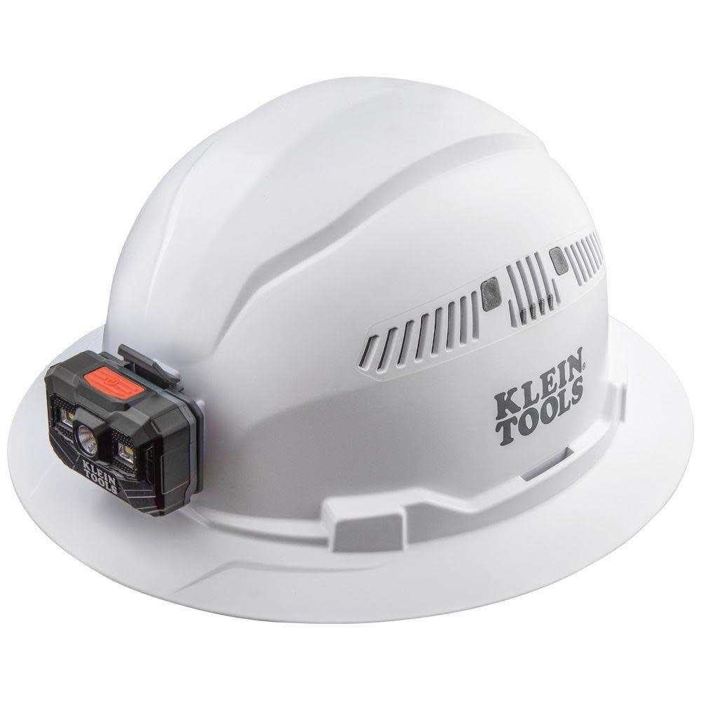 Hard Hat， Vented， Full Brim with Rechargeable Headlamp， White ;