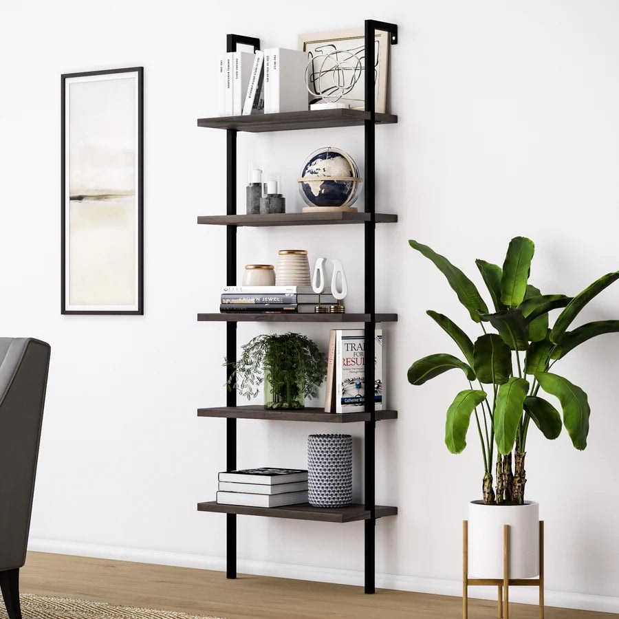 Nathan James Theo 5 Shelf Ladder Bookcase Wood with Metal Frame