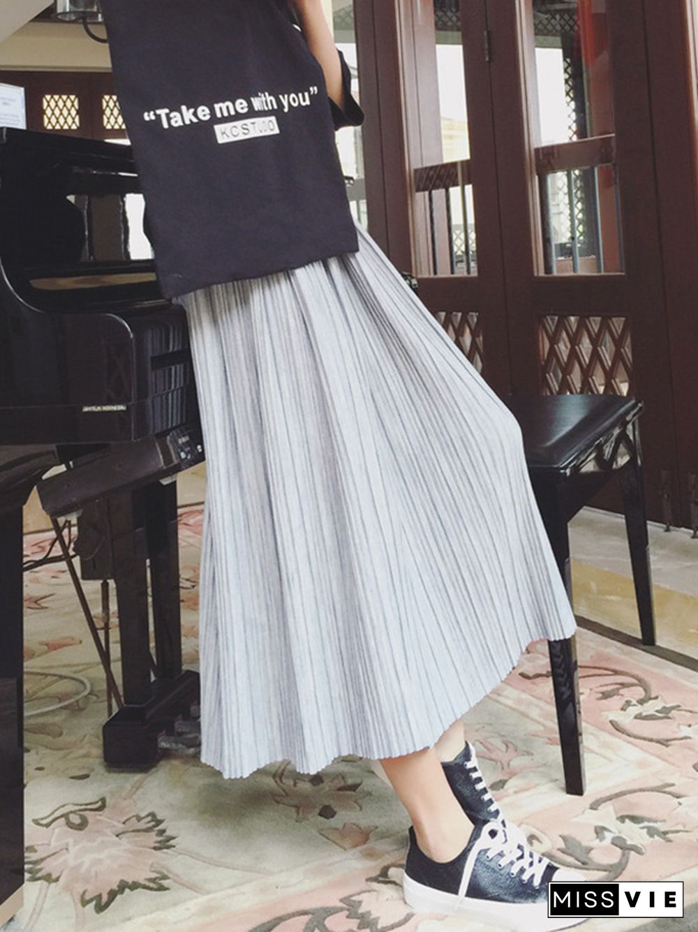 Casual Solid Color Elasticity Waist Pleated Skirts