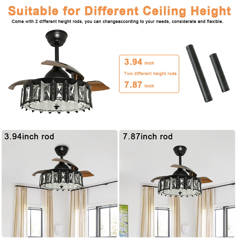 DingLiLighting Remote LED Crystal Ceiling Fans with Light,Industrial Ceiling Fan Lighting with Retractable Blades for Bedroom, Black Ceiling Fan Light Kit, 3 Wind Speeds,Timing