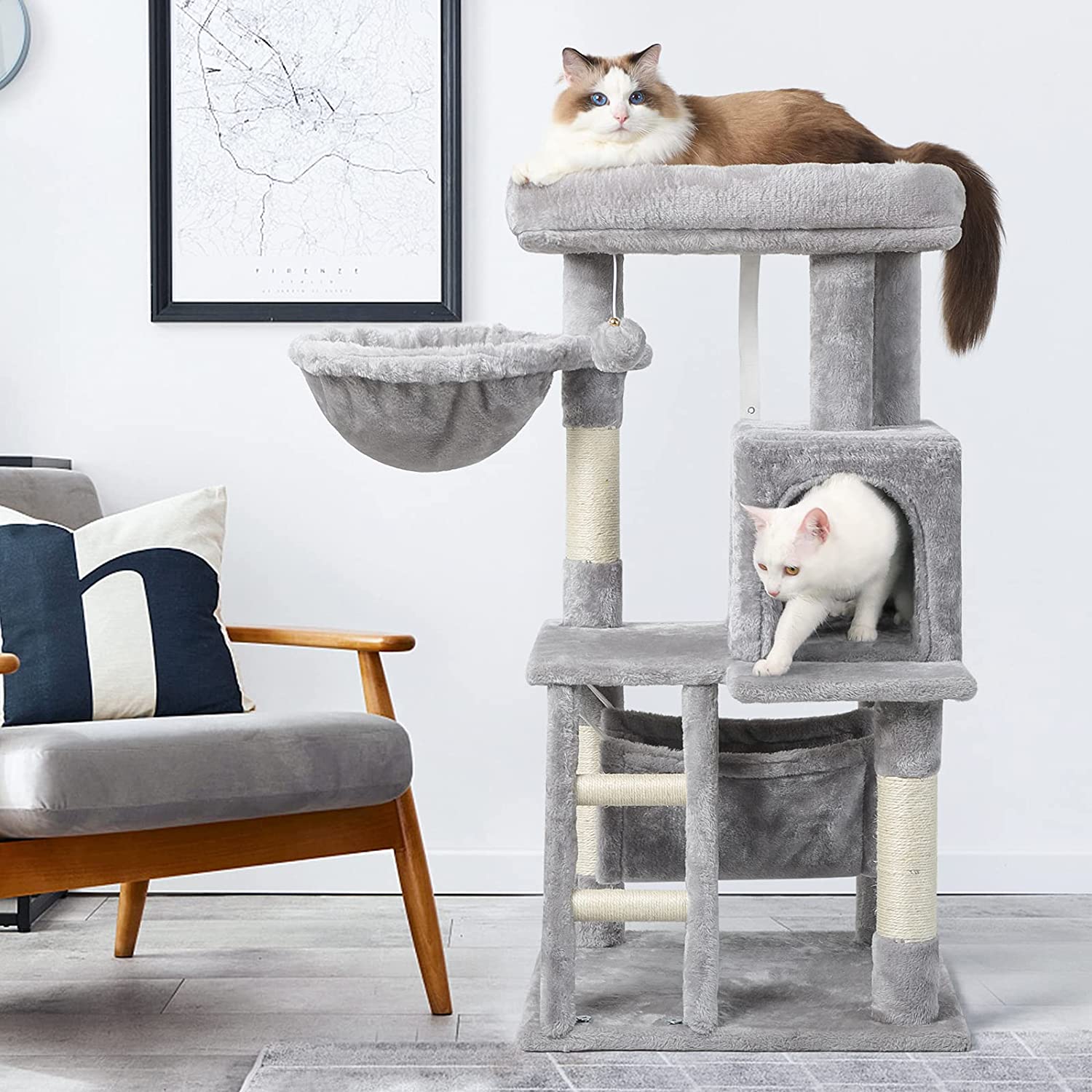 Cat Tree Cat Tower for Indoor Cats, Multi-Level Cat House Condo with Large Perch, Scratching Posts & Hammock, Cat Climbing Stand with Toy for Small Cats Kittens Play Rest, 39" Tall, Gray