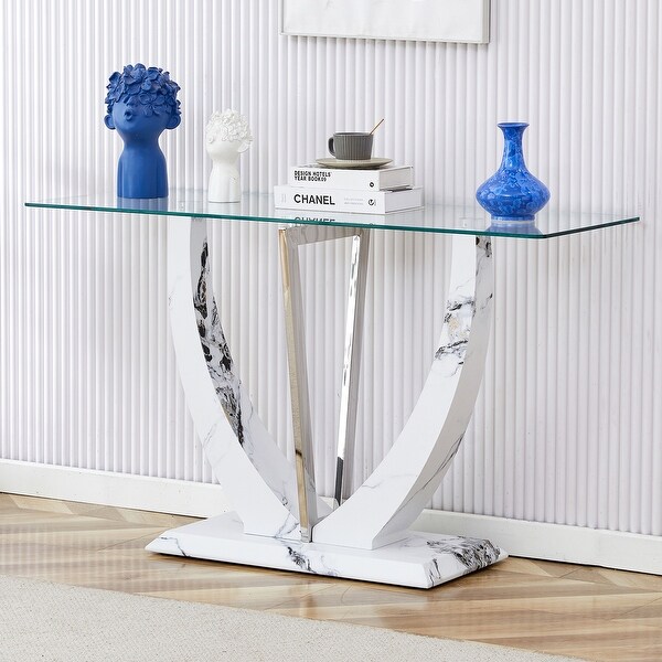 Modern and simple rectangular glass dining table in white with a pattern，white top and gold legs，suitable for entrance