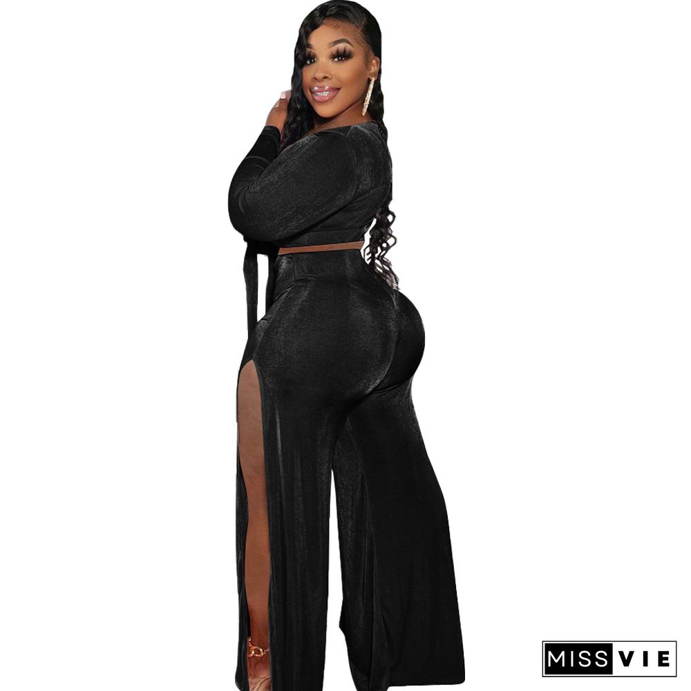 Velvet Lace Up Crop Top Slit Wide Leg Pants Set