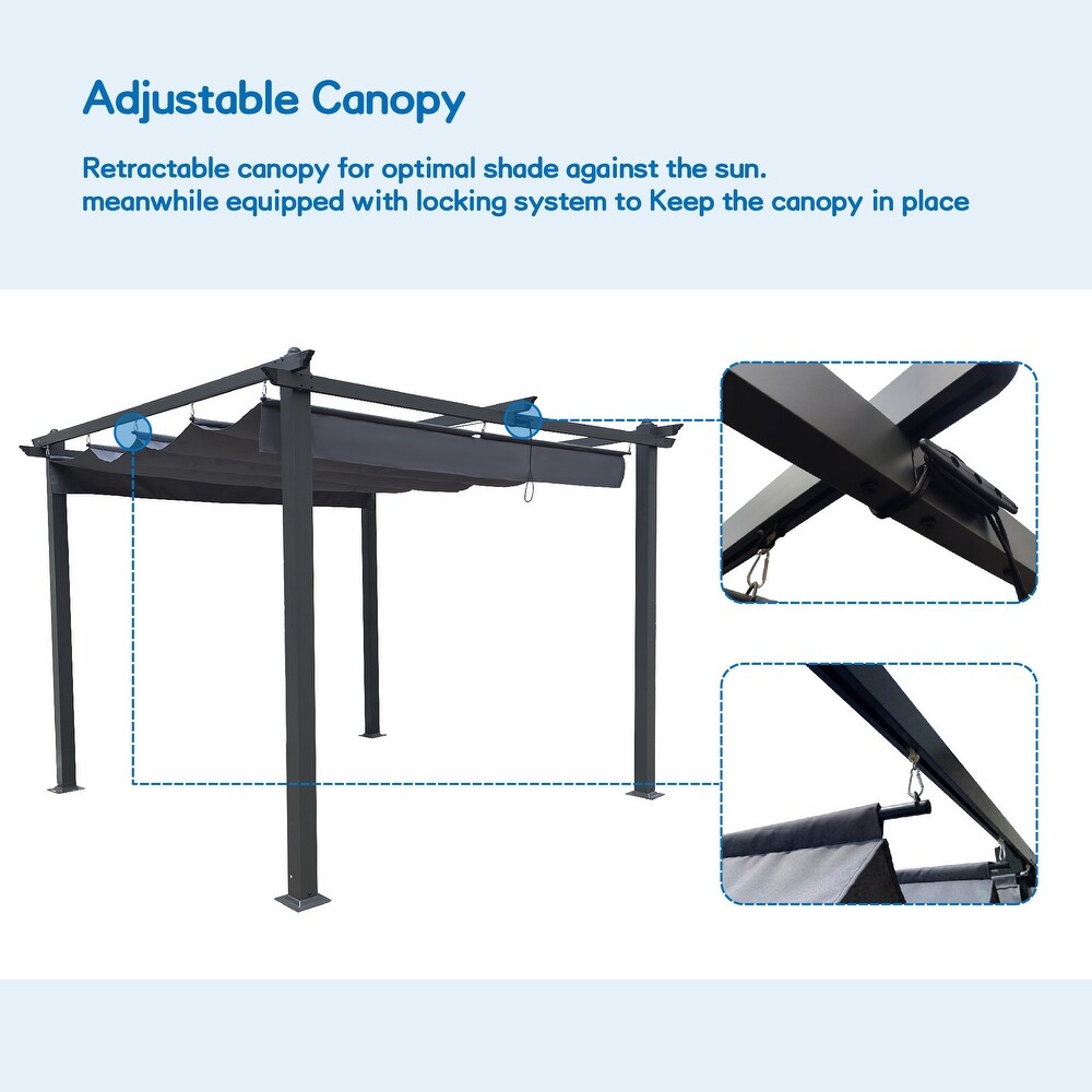 10x10 Ft Outdoor Patio Retractable Pergola With Canopy Sunshelter Pergola for Gardens Terraces Backyard  Gray