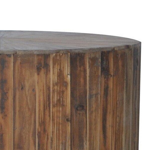 36 Inch Round Drum Coffee Table， Classic Plank Design， Rustic Brown Wood