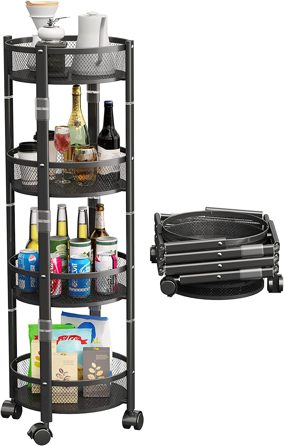 Collapsible Rolling Cart， 4-Tier Metal Storage Utility Cart for Kitchen Home Office Outdoor， Black