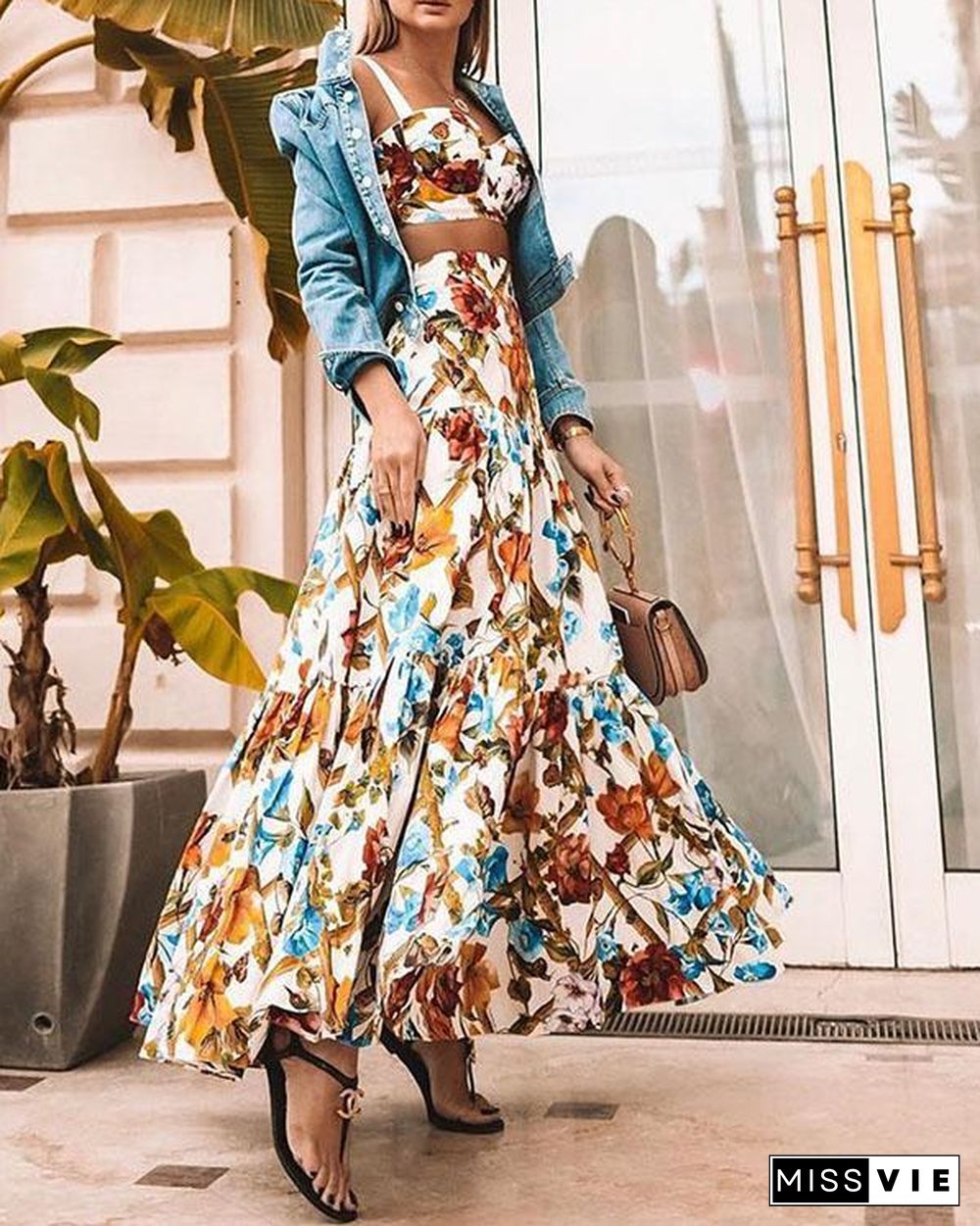 Sexy Off Shoulder Midriff-Baring Floral Printed Beach Maxi Dress