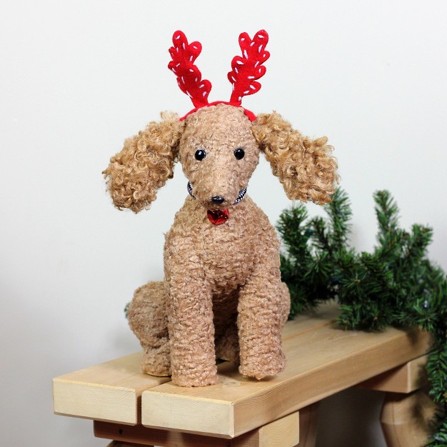 Plush Tan Bichon Fris Puppy Dog With Red Antlers Christmas Decoration