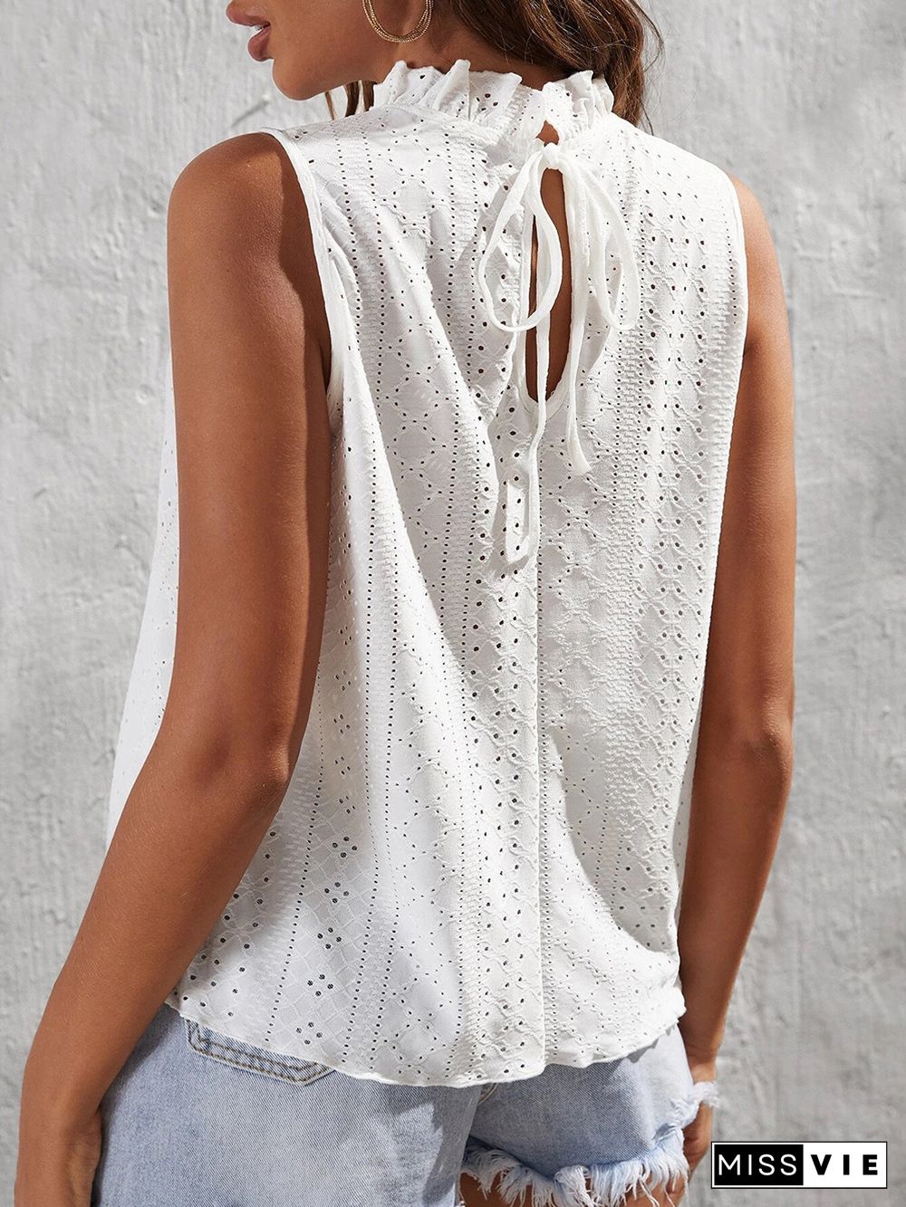 Eyelet Pattern Frill Collar Sleeves Tank Top