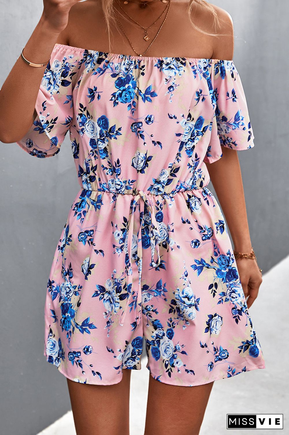 Floral Print Off Shoulder Shorts Jumpsuit Wholesale