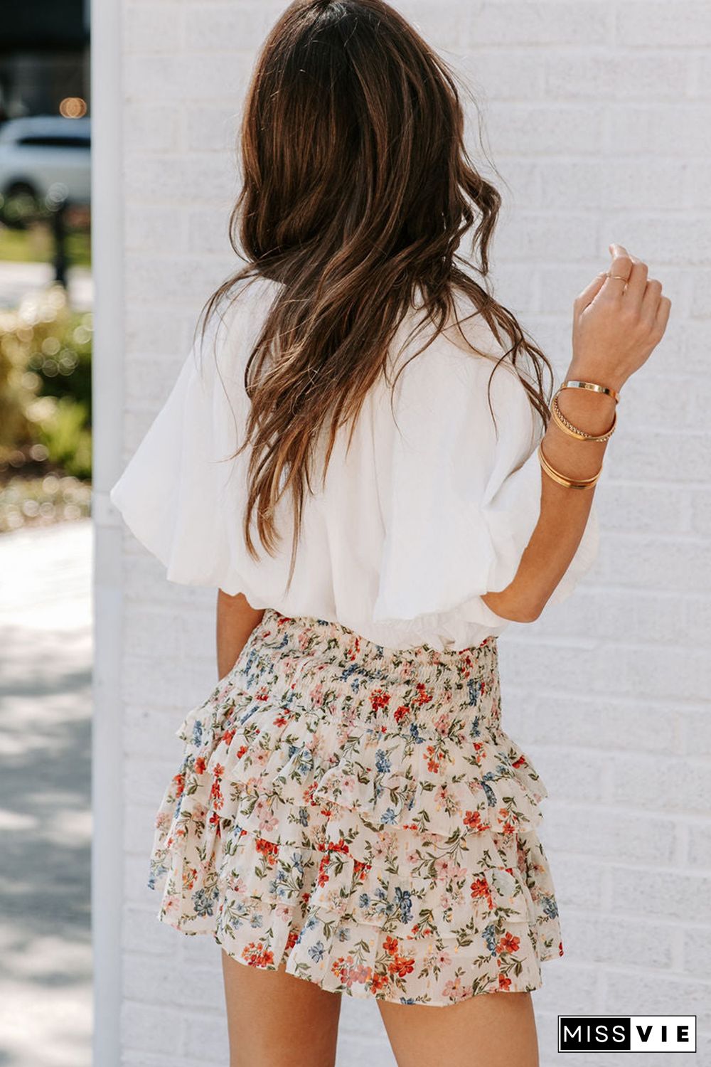 Beige Smocked High Waist Ruffle Tiered Floral Skirt