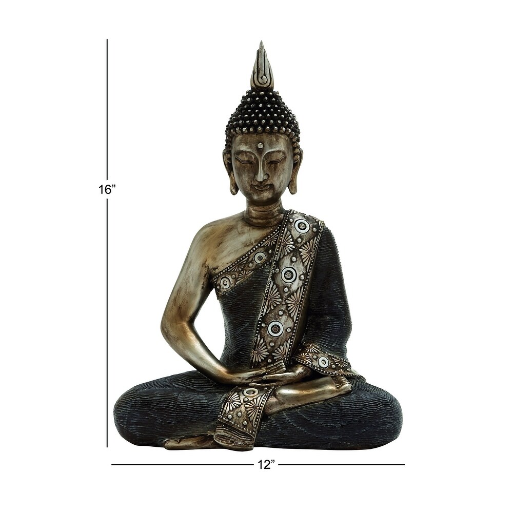 Brass Polystone Bohemian Buddha Sculpture with Engraved Carvings and Relief Detailing   12 x 6 x 16