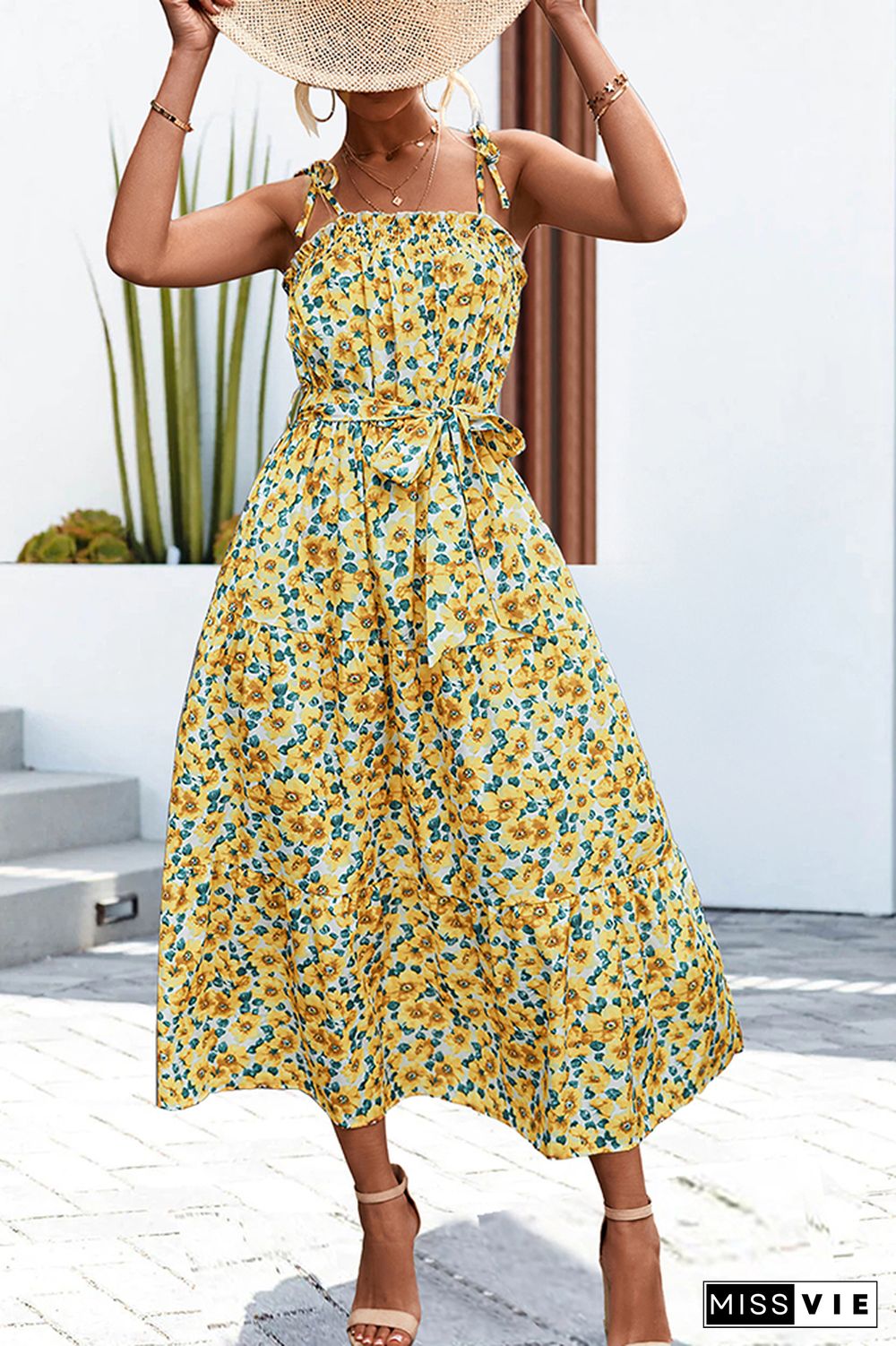 Smocked Neckline Tie Strap Tiered Floral Maxi Dress