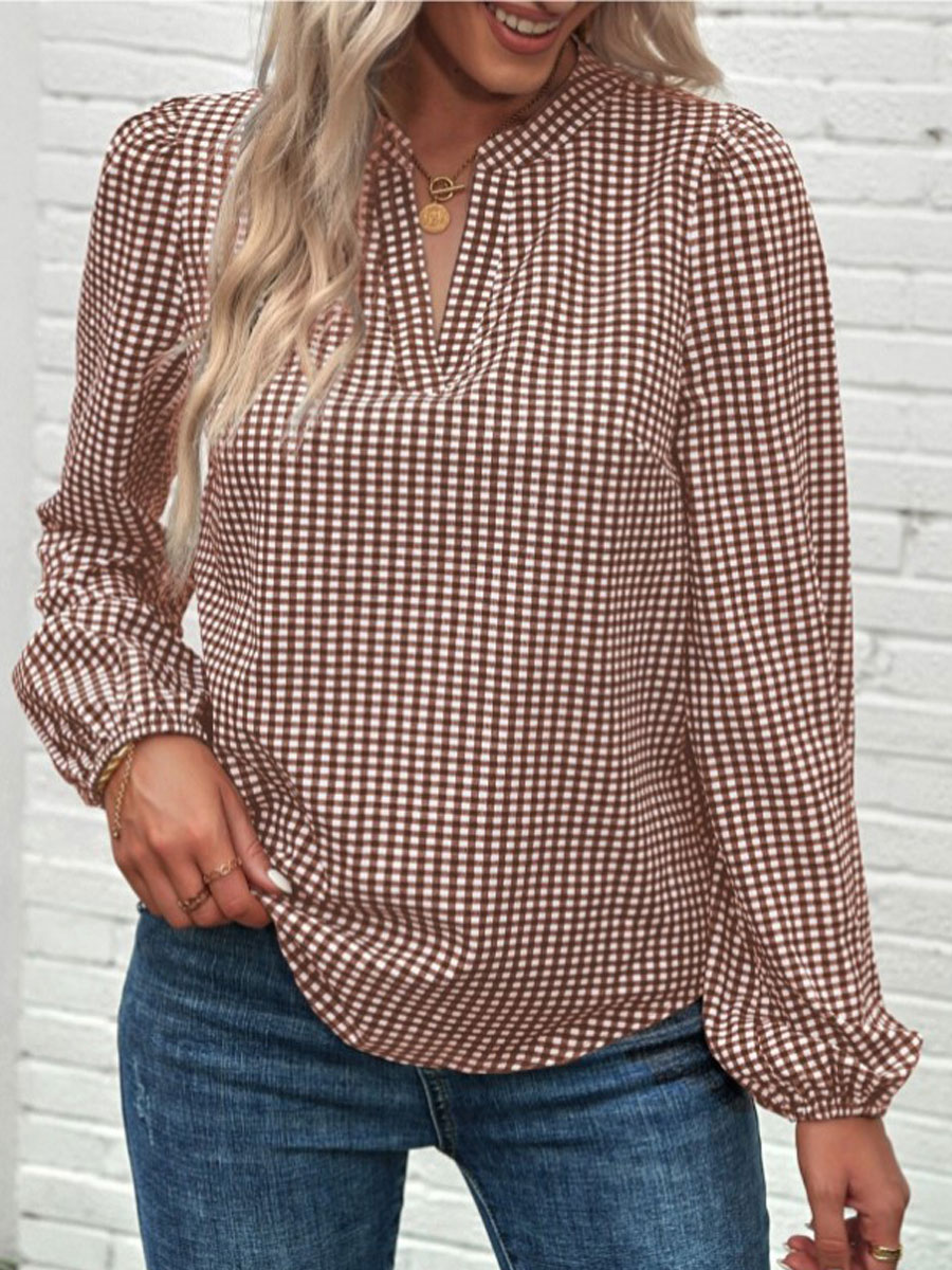 V-neck Casual Loose Check Print Long Sleeve Blouse