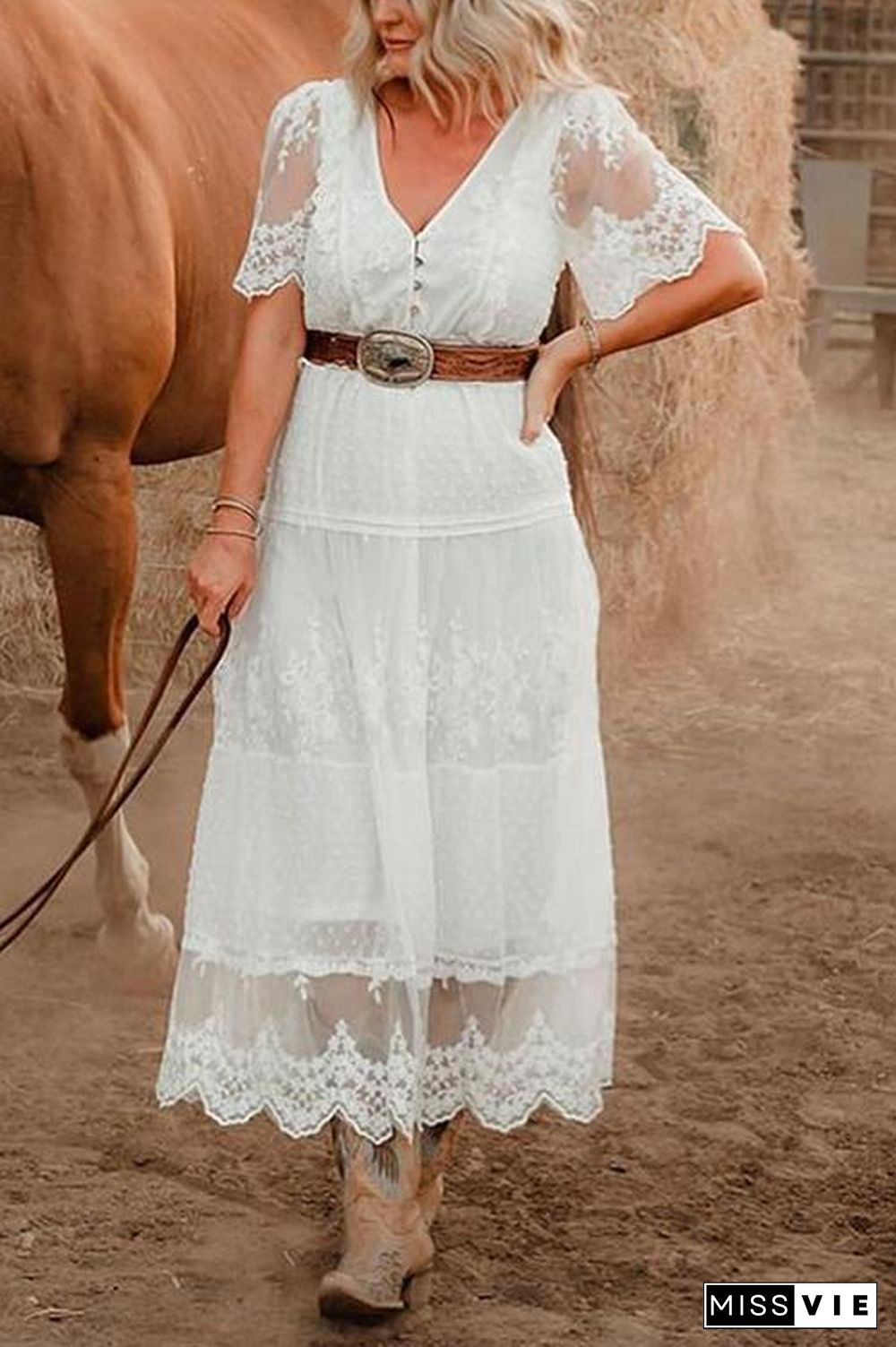 Button Lace V Neck Short Sleeve Maxi Dress