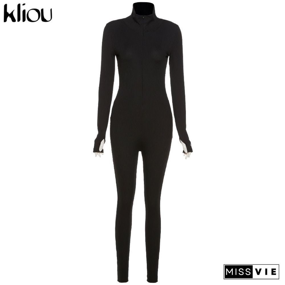 Kliou solid turtleneck full sleeve jumpsuits classic one piece women fitness slim rompers zipper long overall skinny jogger