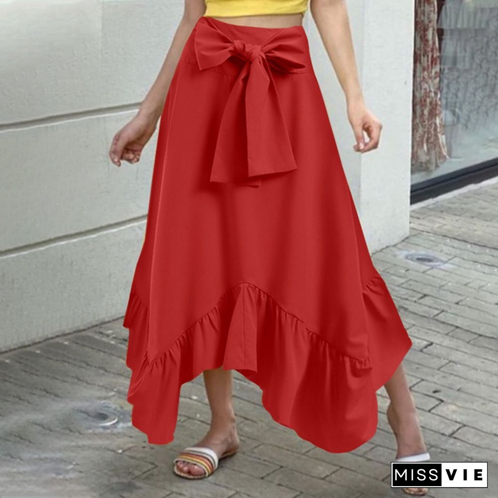 Women Umbrella Long Skirt Irregular Ruffle Hem High Waist Bowknot Party Elegant Casual Pleated Maxi Skirt Dress Plus Size