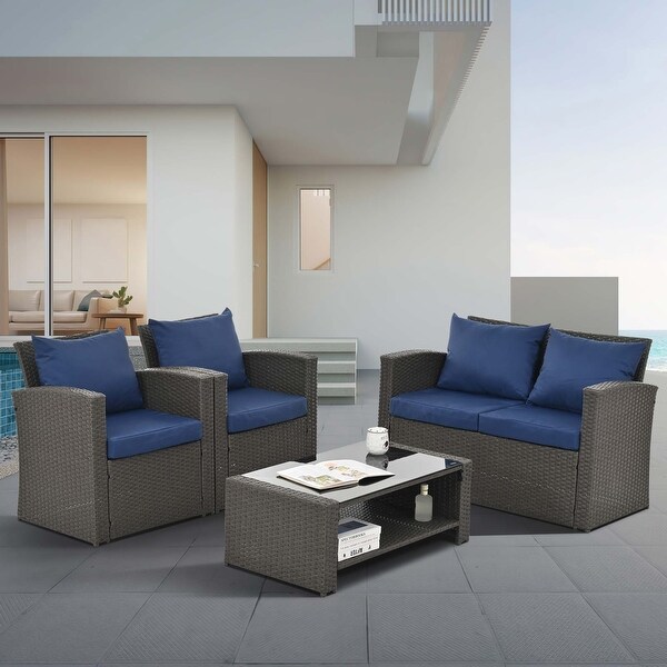 4Piece PE Wicker Patio Conversation Set with Cushions