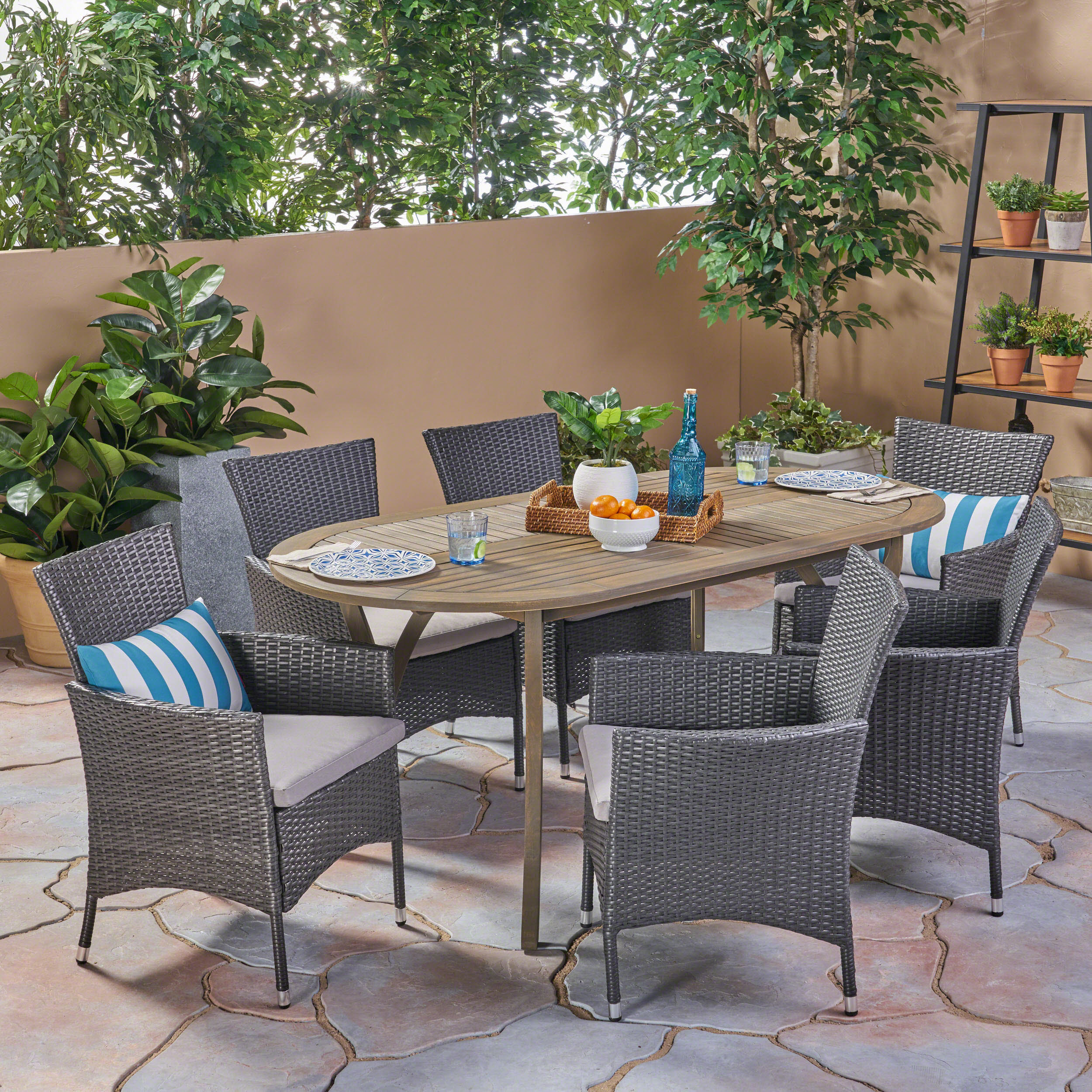 Dahl Outdoor 7 Piece Wood and Wicker Dining Set, Gray Finish and Gray