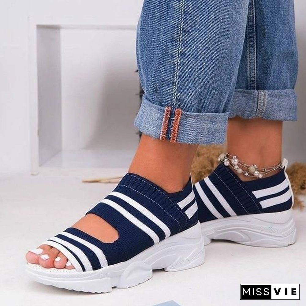 New Women Sandals High Heels Platform Women Shoes Summer Casual Female Sneakers Knitting Slip On Peep Toe Women Sandals