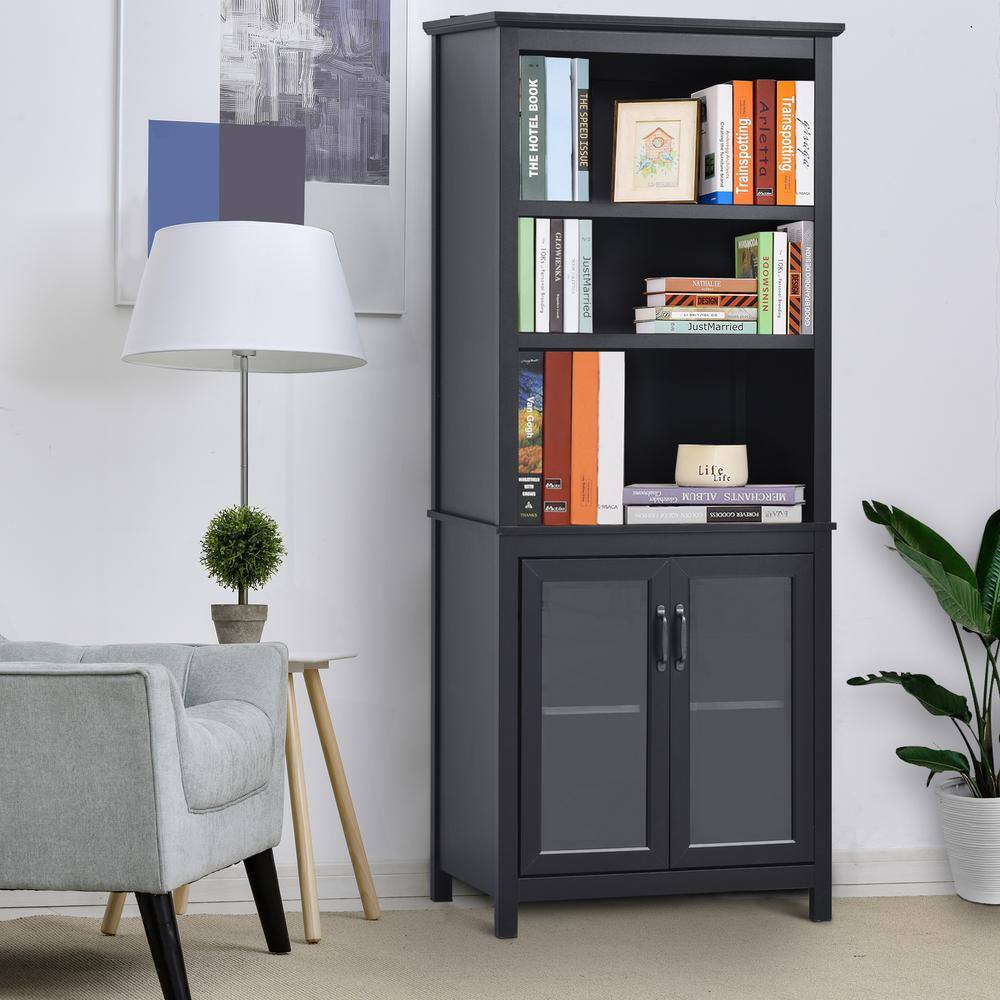 HOMCOM 70.75 in Black MDF 2-Shelf Storage Cabinet Bookcase with Adjustable Shelves Display Rack Multifunctional 836-227BK