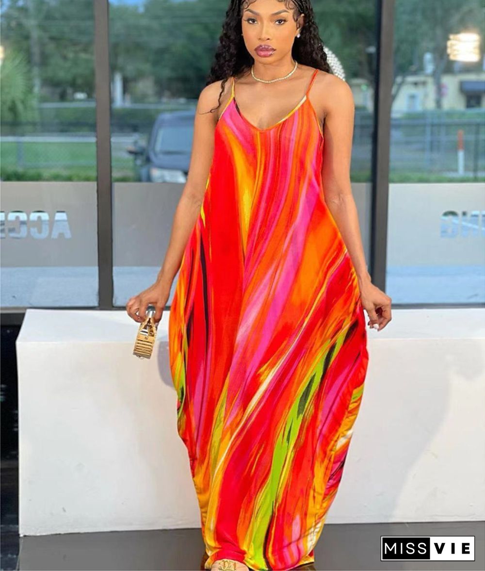 Tie Dye Print Loose Pockets Floor Length Dresses