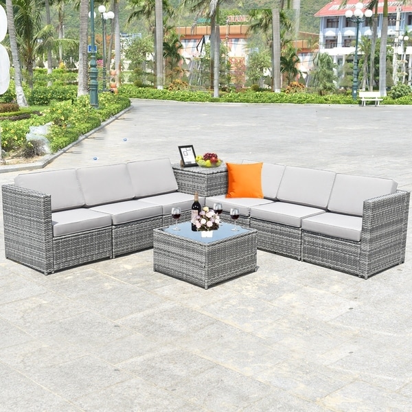 Outdoor 8PCS Rattan Wicker Sectional Cushioned Sofa Storage Table