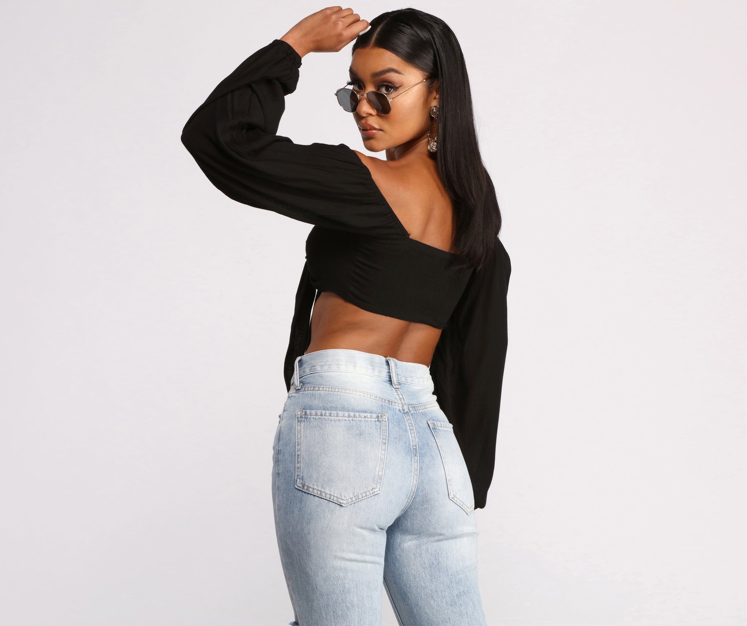 Long Sleeve Gauze Tie Front Crop Top