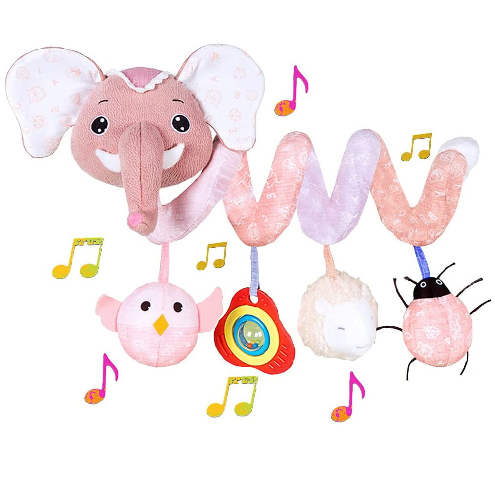 Baby Car Seat Toys， Stroller Toys， Car Seat Toys for Infants 0-6 Months， with Musical Owl Rattle Sheep Beep Ladybug Squeaker