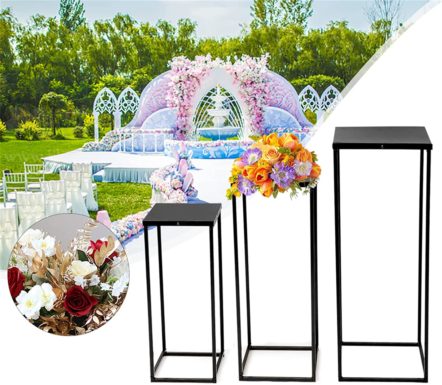 TFCFL 3Pcs Metal Plant Stands Flower Pot Rack Tall Pedestal Square Display Rack for Indoor Outdoor Garden Decoration