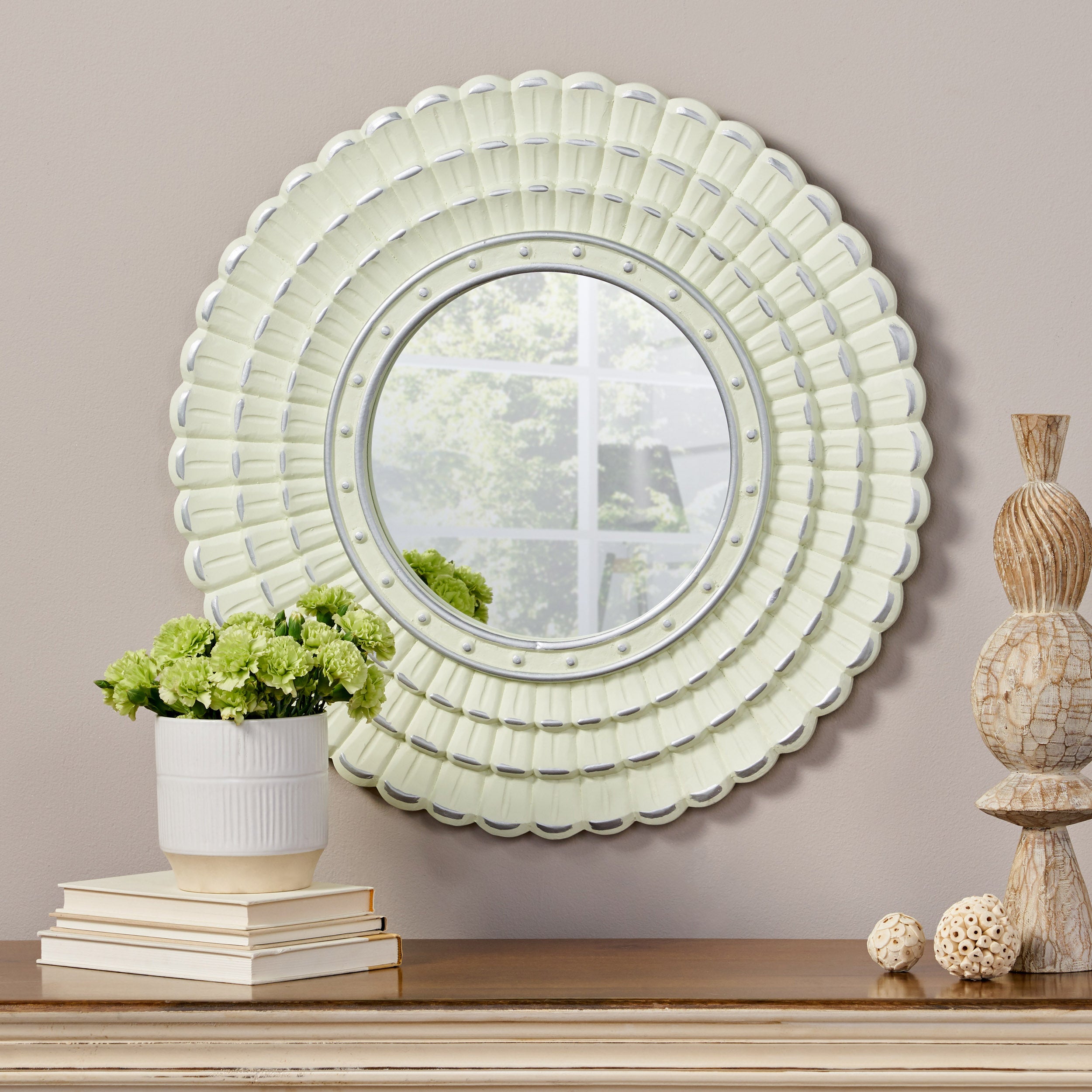 Harriet Modern Round Mirror with Carved Frame