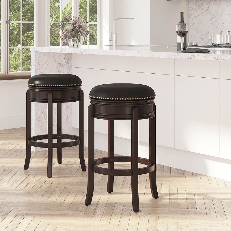 Merrick Lane Ashin 30 Backless Swivel Barstool， Upholstered with Nail Trim， Carved Apron， and Wood Frame