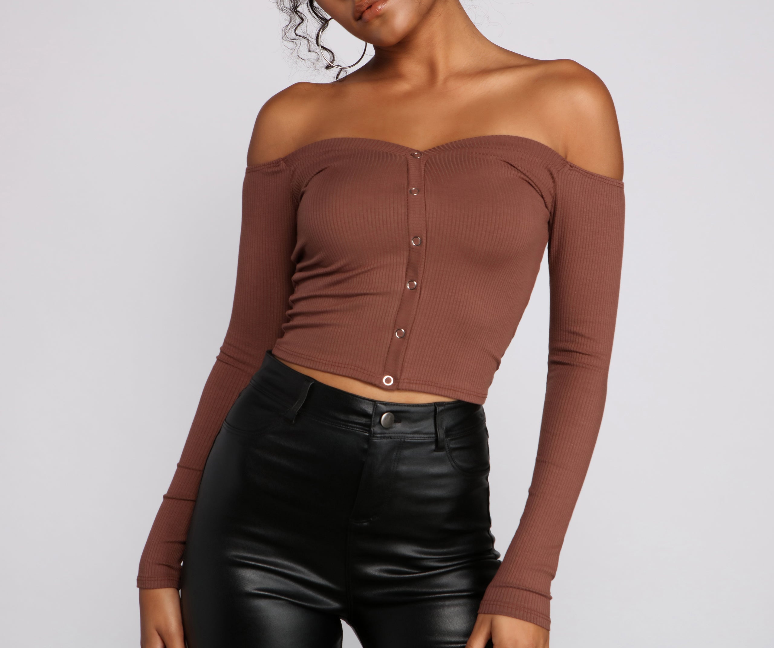 Off The Shoulder Ribbed Henley Top