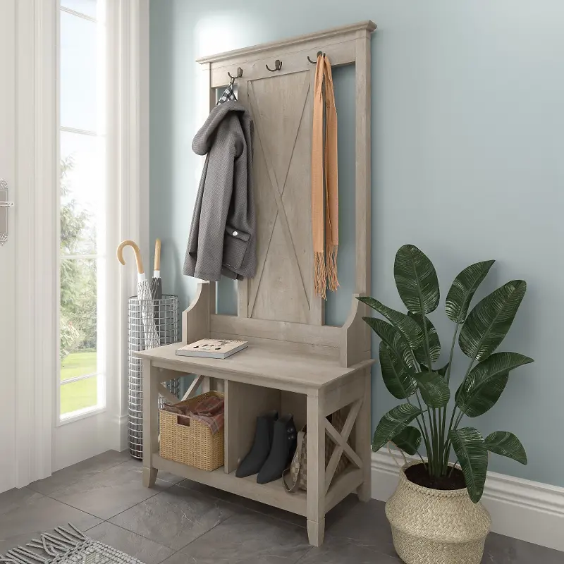 Key West Farmhouse Washed Gray Shoe Bench and Hall Tree - Bush Furniture