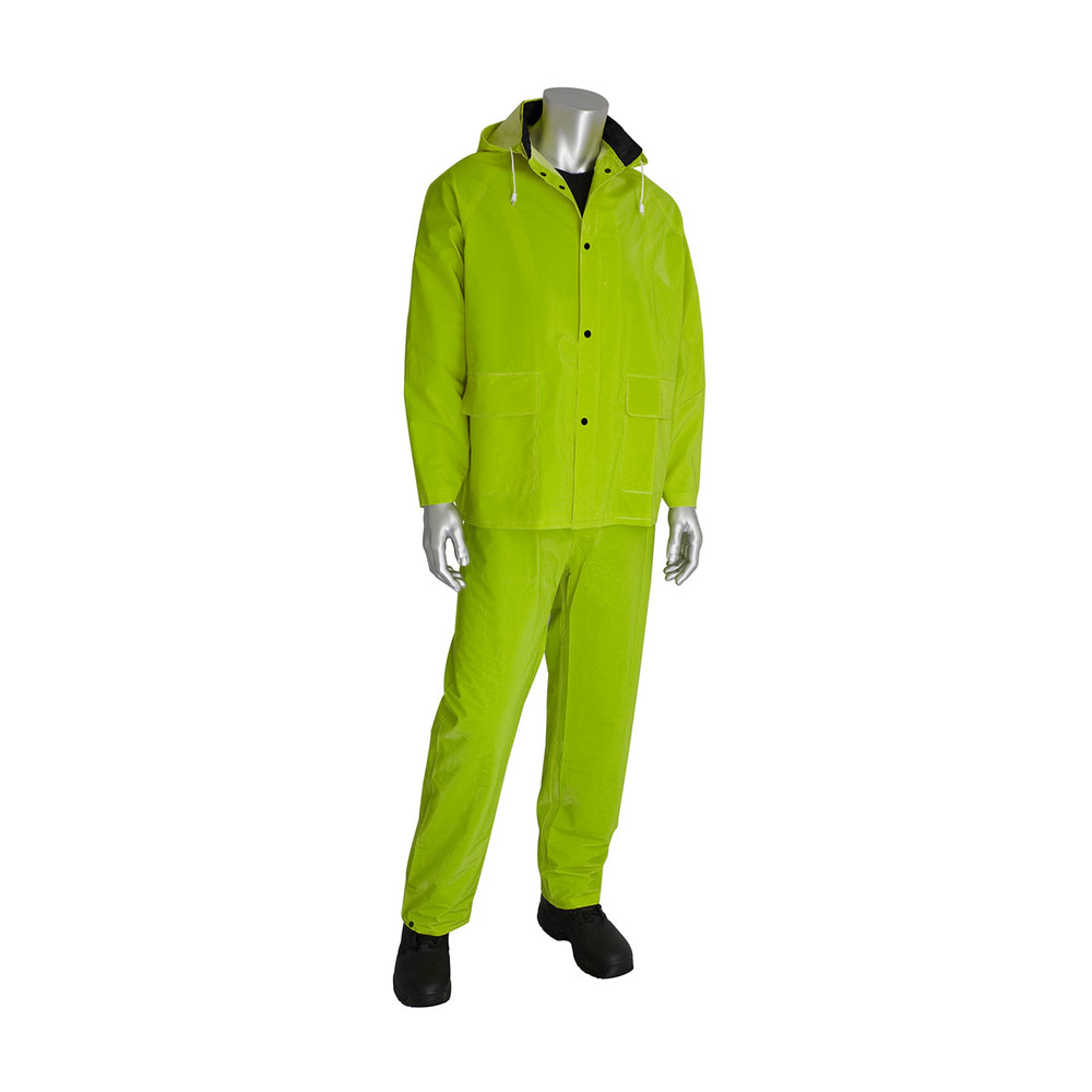 Rainsuit 3pc. .35mm PVC/Polyester， Hood， Corduroy Collar， Hi Vis LY， 4XL ;