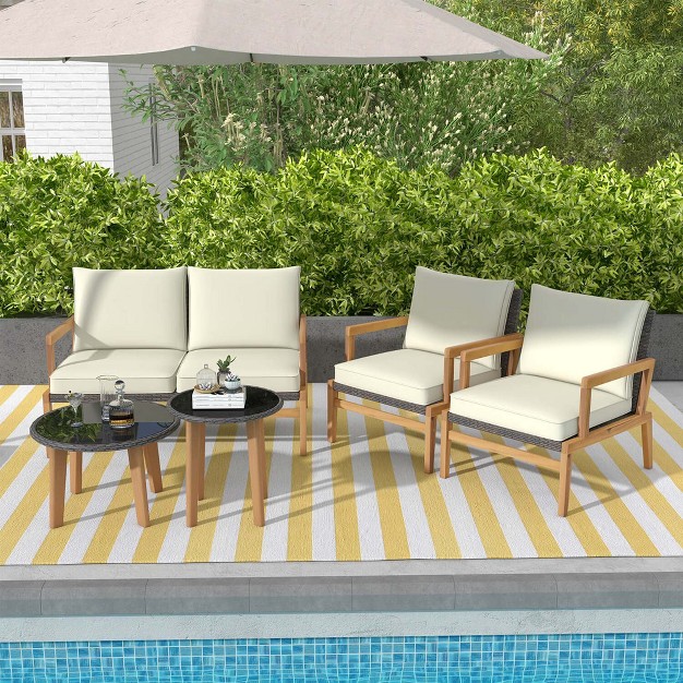 Costway 5 Piece Rattan Furniture Set Wicker Woven Sofa Set With Solid Acacia Wood Frame