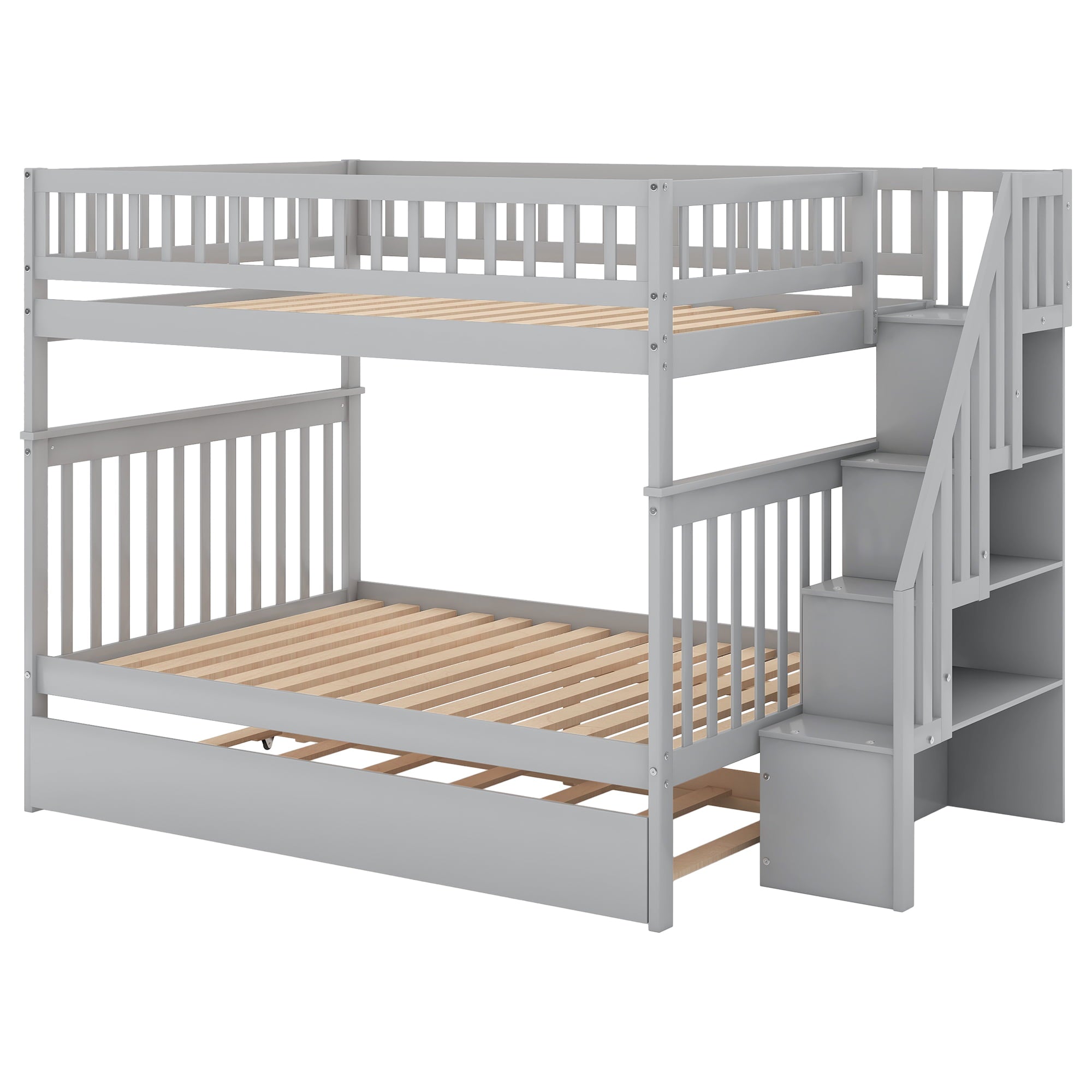 Euroco Full over Full Bunk Bed with Trundle and Storage Shelves for Kids, Gray