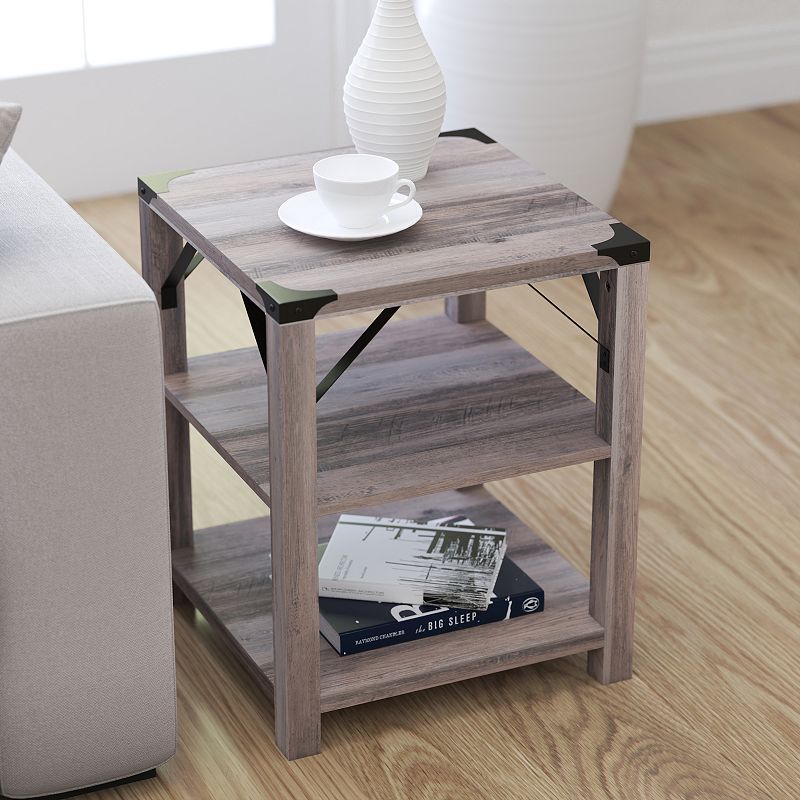 Merrick Lane Green River Modern Farmhouse Engineered Wood End Table with Two Tiered Shelving and Powder Coated Steel Accents