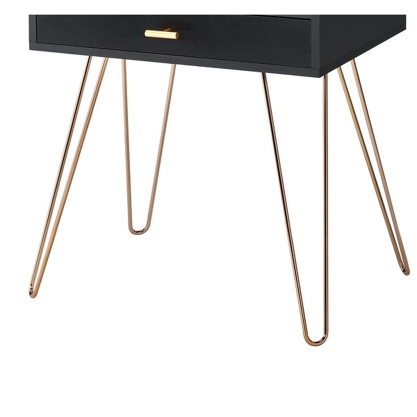 23.5 Inches 1 Drawer End Table with Hairpin Legs， Black and Copper