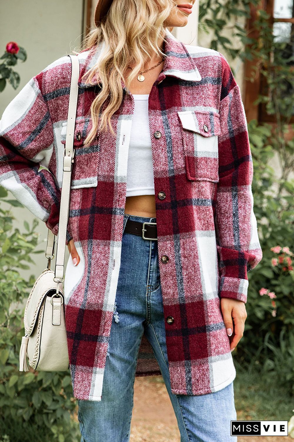 Button Pockets Plaid Shacket Jacket