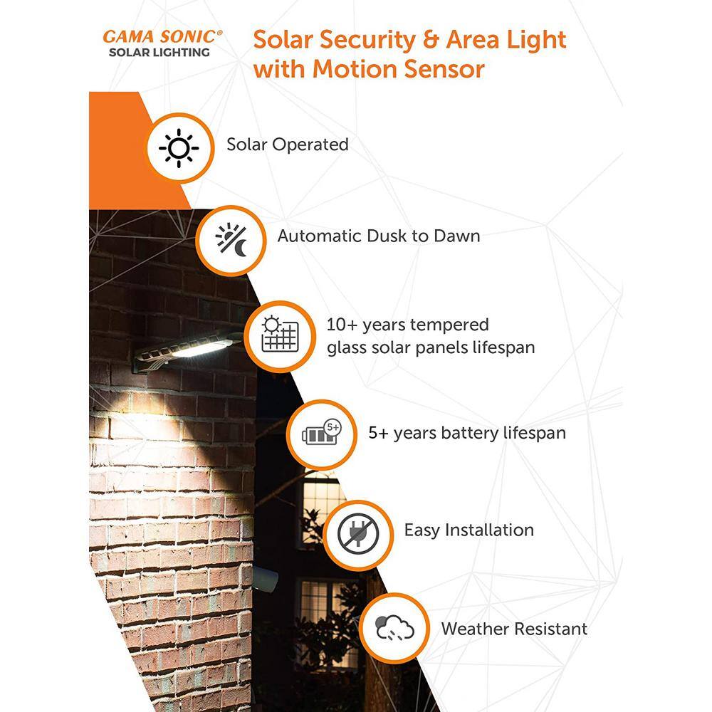 GAMA SONIC Solar 12-Watt 140-Degree Dark Gray Motion Activated Outdoor Integrated LED Area Light with Timer Wall and Post Mount 201iS60822