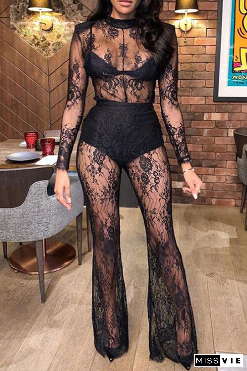 Black Sexy Solid Lace Patchwork O Neck Regular Jumpsuits