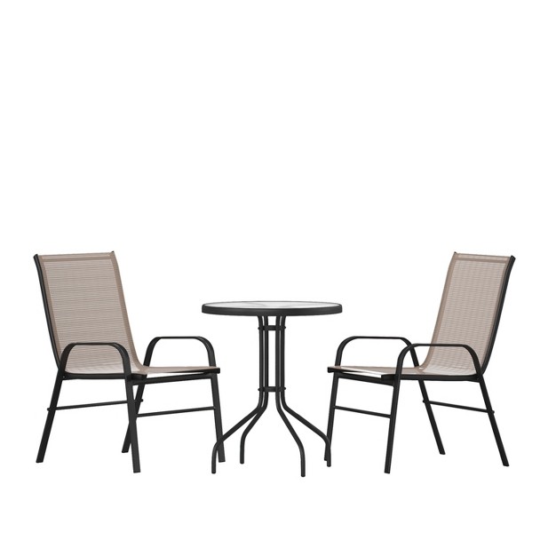 Emma And Oliver Three Piece Patio Table Set With Round Metal Frame Table With Tempered Glass Top And Two Flex Comfort Stacking Chairs