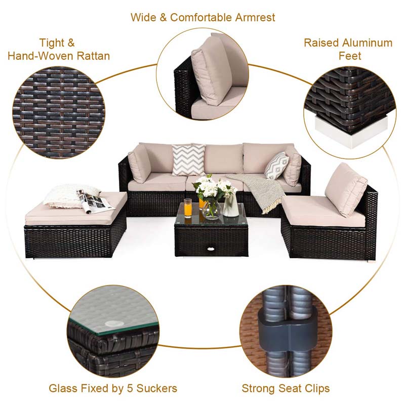 6 Pcs Outdoor Rattan Sectional Sofa Set with Coffee Table & Removable Seat & Back Cushions