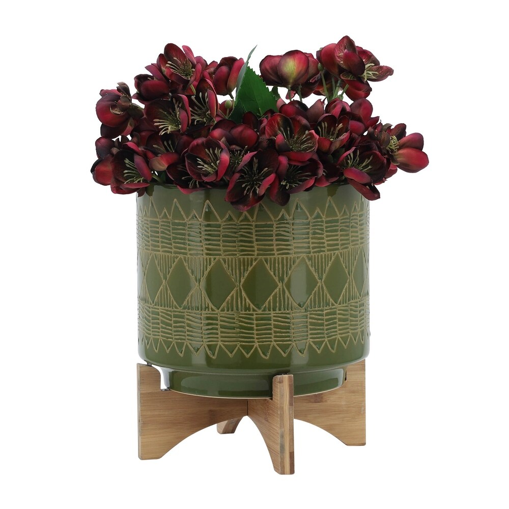 Handmade Olive Green Ceramic Planter on Natural Wood Stand