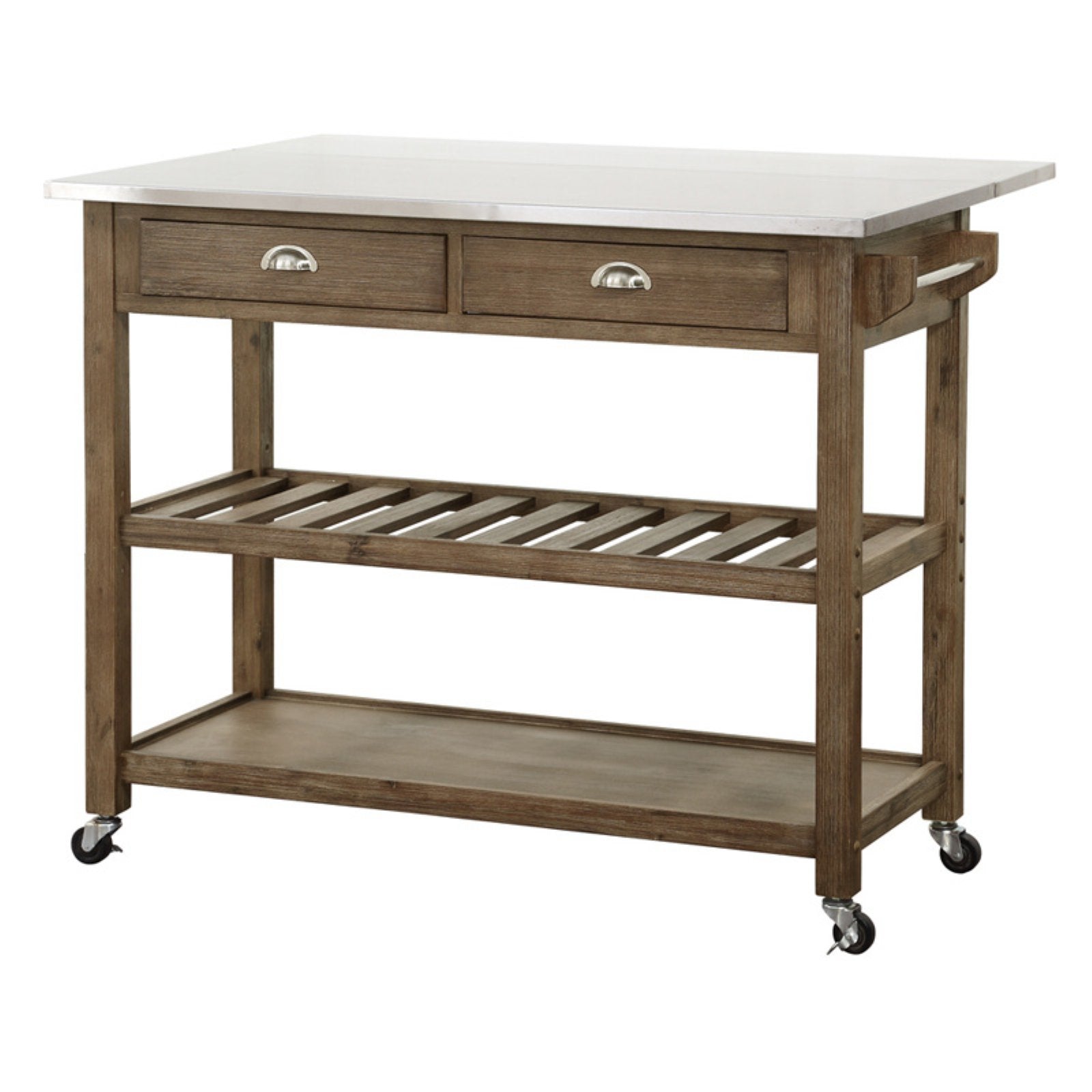 Boraam Sonoma Drop Leaf Wood Kitchen Cart with Stainless Steel Top - Barnwood Wire-Brush Finish